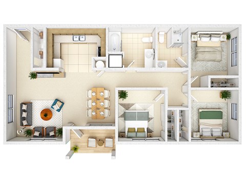 Floor plan for 3 beds, 2 baths, 1134 sqft